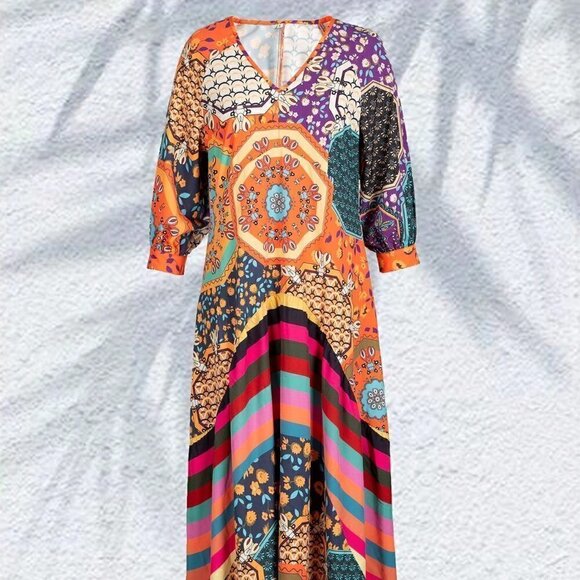 Multicolor Boho Women's Stitching Design Lantern Sleeve Print Dress - Picture 4 of 5